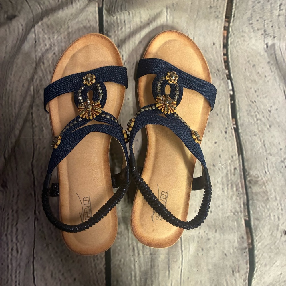 SHIBEVER Glitter Sandals‎ WMS 40 Rhinestone Casual Open Toe Wedge Slingback Blue - Picture 4 of 10